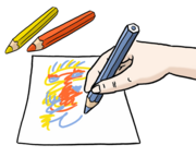 Grafik einer Hand mit Buntstift, Malen simulierend, im Hintergrund zwei weitere farbige Stifte